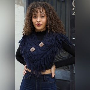 Boho Boutique Heathered Shoulder Warmer Buttons Knit Pullover Scarf Navy New